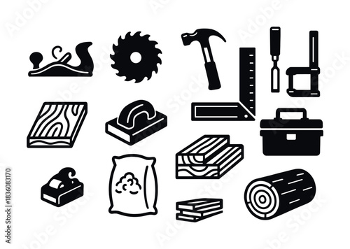 Illustration of carpentry tools: saw, hammer, chisel, ruler, tool box, wood planks