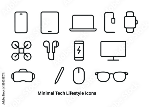 Minimal tech lifestyle icons featuring devices and gadgets for modern living