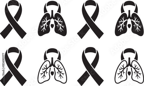 Pearl awareness ribbon forming negative-space lungs, bold black silhouette icon for lung cancer support, screening and prevention
