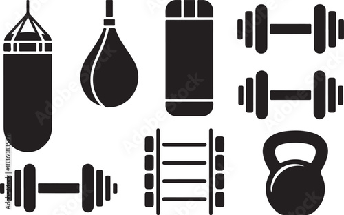 Vector illustration of fitness gym equipment set, punching bag, dumbbell, barbell, kettlebell, wall ladder, silhouette icons, exercise training symbol, flat graphic tools, sports health CAD drawing