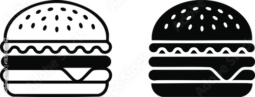 Outline and Filled Burger Icons, Black and White Hamburger Graphics, Simple Fast Food Burger Icon Set, Bun, Patty, and Cheese Sandwich Graphic, silhouette, vector, illustration.
