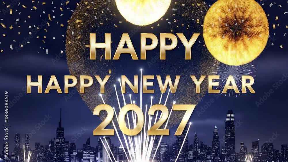 Celebrate Happy New Year 2027 with vibrant fireworks and city skyline