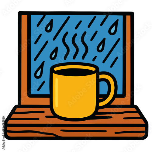 Mug on wooden windowsill with rain
