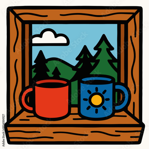 Colorful mugs on windowsill with scenic hillside view