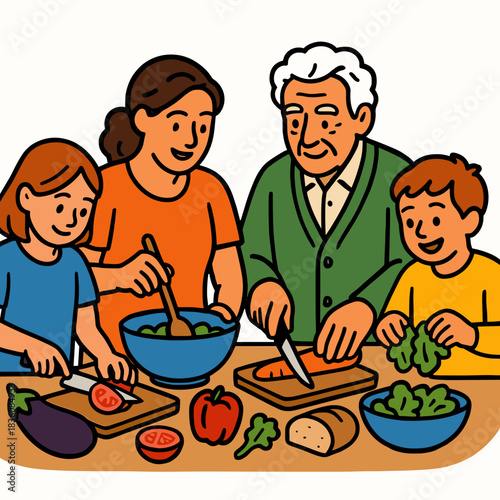 Family cooking together in kitchen with fresh vegetables
