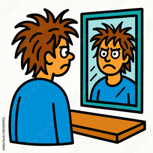 Messy hair in front of mirror