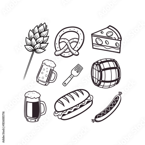Traditional german oktoberfest festival food and beverage hand drawn line art icons