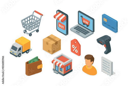 E-commerce icons: shopping cart, laptop, credit card, delivery truck, barcode scanner
