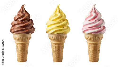 Fotografie Three soft serve ice cream cones isolated PNG, chocolate vanilla strawberry flav