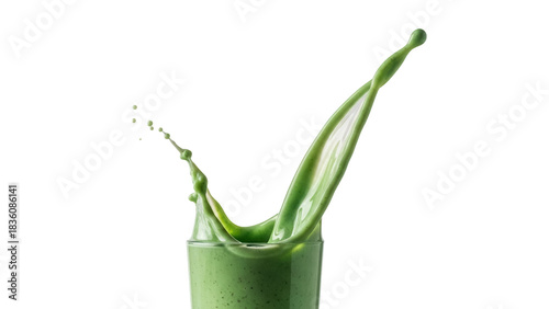 Green smoothie splash in glass isolated PNG on transparent background, healthy drink for detox and nutrition