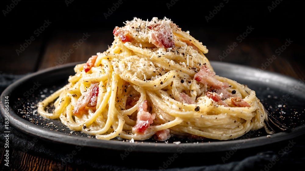 Fototapeta premium Side view of authentic Italian spaghetti carbonara creamy sauce pancetta Parmesan cheese and black pepper styled elegantly on a dark textured backdrop