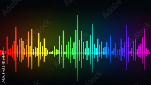 Vibrant rainbow sound equalizer bars showing digital audio spectrum analysis and frequency waveform.