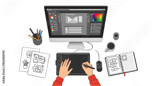 Graphic Design Workspace Computer, Tablet, Pencil, Sketchbook, And Workspace Layout