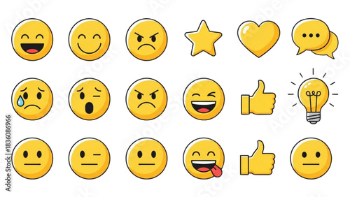 Collection of various emoji faces, expressing different emotions, icons and symbols for communication