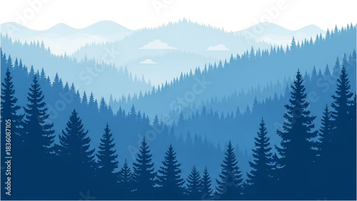 Serene Blue Mountain Landscape A Tranquil Forest Scene with Pines and Rolling Hills