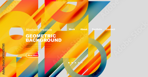 Abstract geometric design. Vibrant colors blend, creating dynamic shapes. Website header includes navigation options, text, button.