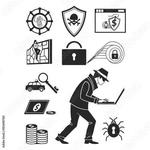 Cybersecurity threat and crime elements set with hacker on laptop graphic