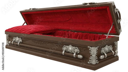Canvastavla Open brown wooden coffin with red velvet interior isolated PNG, ornate funeral c