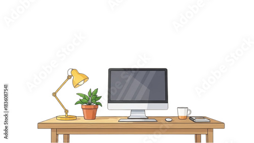 Clean and organized desktop with a computer, lamp, and plant, representing a focused work area for productivity