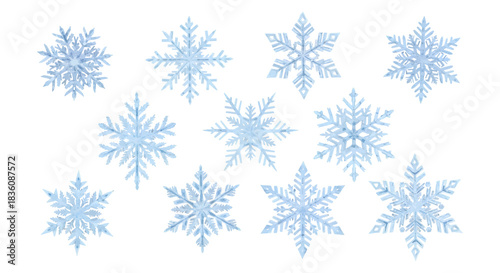 Collection of Unique Blue and White Snowflakes on Black Background