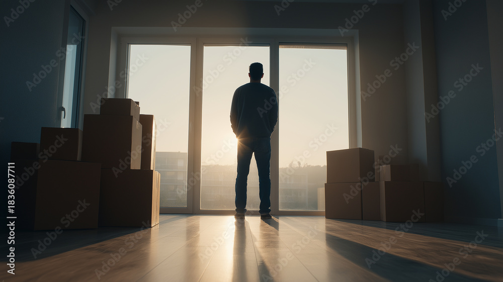 Fototapeta premium Man stands in empty living room, gazing out large window as sunlight streams in, surrounded by moving boxes. scene conveys sense of new beginnings and anticipation