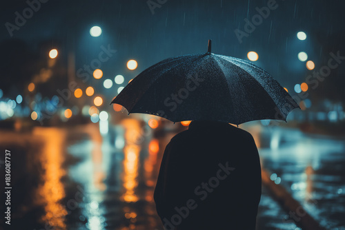 Person stands under large black umbrella on rainy night, with blurred city lights creating bokeh effect in background. scene is atmospheric and moody