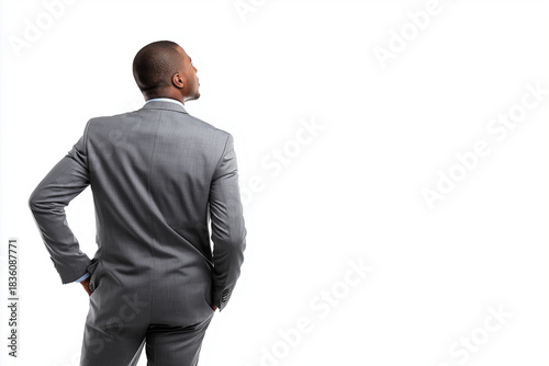 Businessman in grey suit stands confidently with his back to camera, looking upwards against white background. image conveys sense of ambition and contemplation