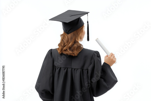 Female university graduate in black cap and gown holds diploma, symbolizing achievement and success. studio shot captures her from rear view, highlighting her academic accomplishment