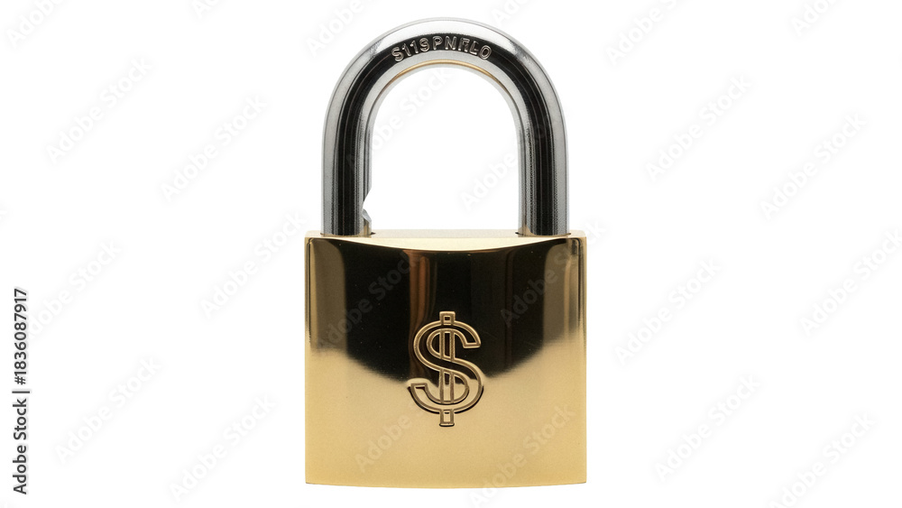Fototapeta premium Gold padlock with dollar sign isolated PNG, symbol of wealth and security on transparent background, financial safety and investment