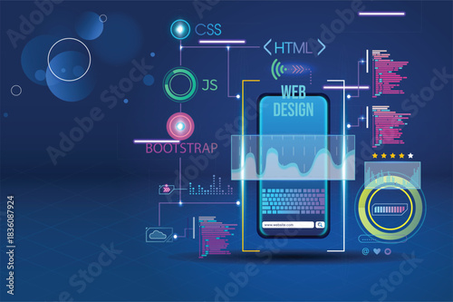 Futuristic Mobile Web Design and Development Technology Illustration surrounded by glowing code elements like HTML, CSS, JS, and Bootstrap in a futuristic blue environment