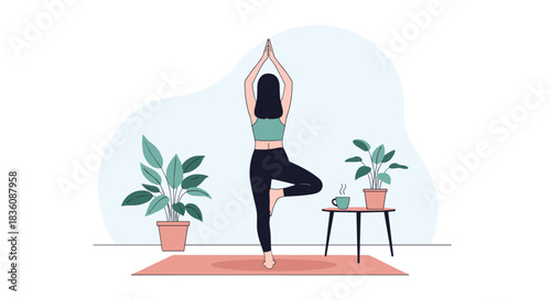 A woman with dark hair practices the tree yoga pose in a tranquil room with houseplants and a cup of tea on a small table.