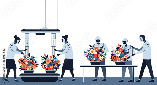 A team of futuristic robots is shown working together efficiently arranging colorful flower bouquets in a factory-like setting.