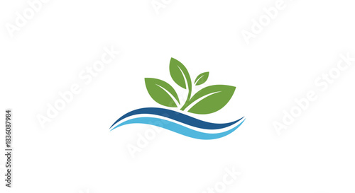 A clean and simple logo features a cluster of green leaves growing out of two stylized blue water waves against a white background.