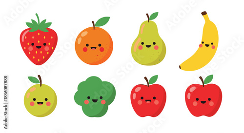 A cute collection of eight kawaii-style fruits and a vegetable with adorable smiling faces is illustrated on a plain white background.