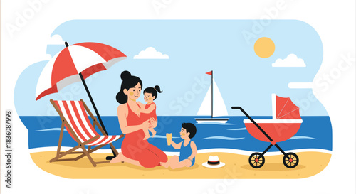 A loving mother enjoys a sunny day at the beach with her two young children under a large umbrella with the ocean and sailboat.