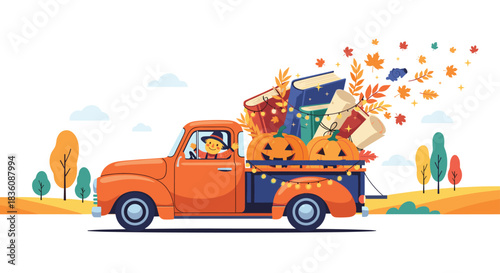 A whimsical orange vintage truck driven by a scarecrow is filled with autumn treasures like pumpkins books and leaves under string lights.