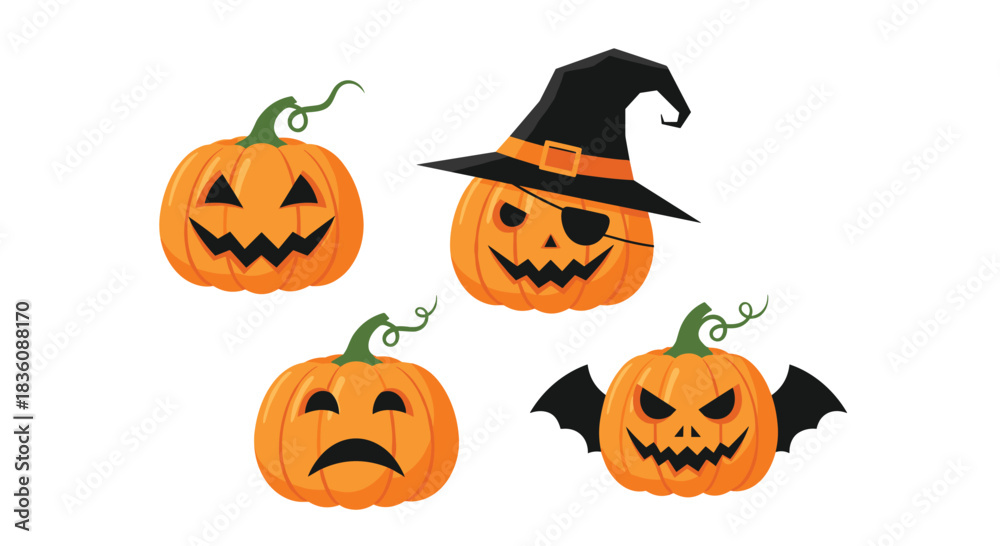 Fototapeta premium A set of four cartoon Halloween pumpkins with carved faces displays various emotions and costumes like a pirate and a bat on white.