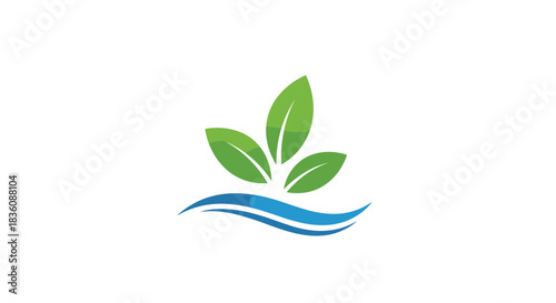 A simple and modern logo shows three green leaves sprouting from a stylized blue water wave symbol on a plain white background.