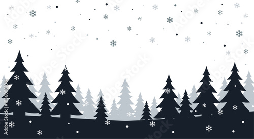 A stark winter scene depicts a forest of dark pine tree silhouettes against a white background with grey snowflakes falling from above.