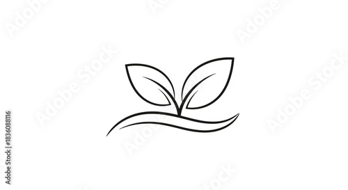 A minimalist and elegant black line art logo shows two simple leaves sprouting from a single graceful wave-like line on white.