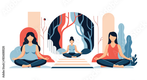 Three women are shown in a lotus yoga pose meditating in a serene and abstract environment that blends nature and modern shapes.