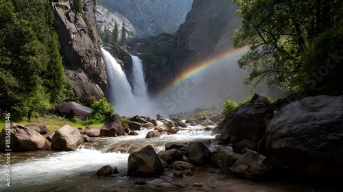A majestic waterfall cascades down a rugged cliff into a rocky river with a vibrant rainbow arching through the mist surrounded by lush green trees