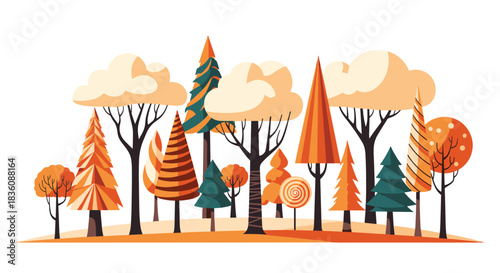 A whimsical autumn forest scene is depicted with stylized trees in warm orange and teal hues under fluffy clouds on a white background.