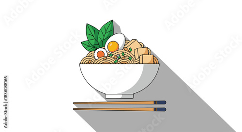 A stylized bowl of Japanese ramen noodles is shown with toppings like egg and tofu alongside chopsticks casting a long dramatic shadow.