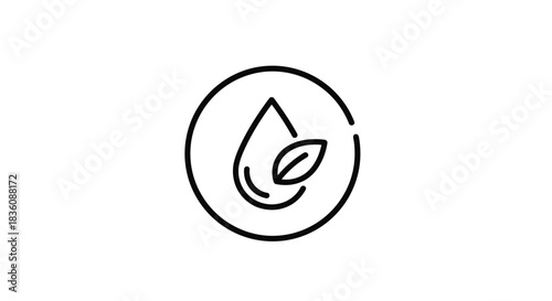 A simple black line art icon shows a single water drop with a small leaf inside it enclosed within a thin circle on a white background.