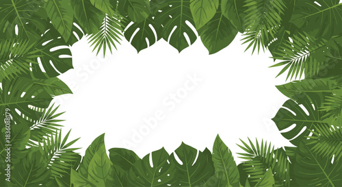 A vibrant assortment of green tropical leaves including monstera and palm fronds creates a lush natural border on a white background.