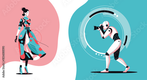A stylishly dressed female model poses for a futuristic robot photographer holding a camera against a split pink and blue background.