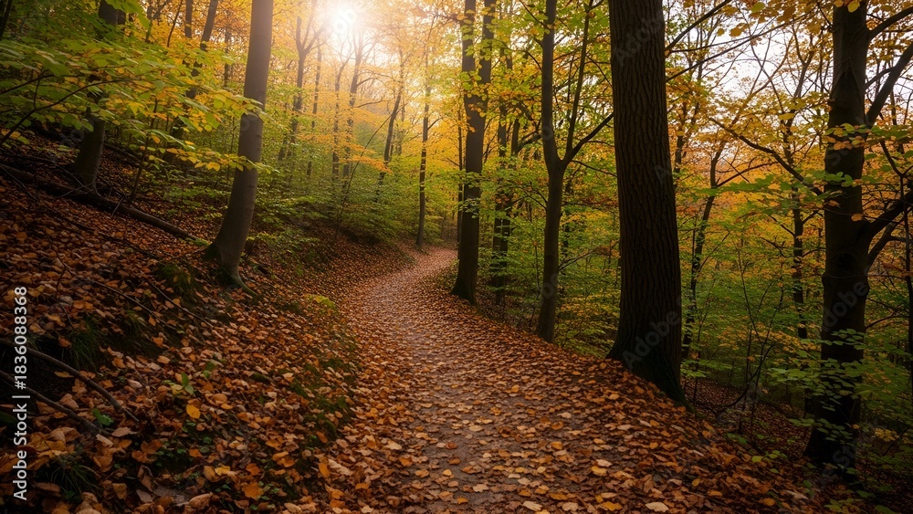 Fototapeta premium A winding path through an autumn forest with colorful foliage and dappled sunlight