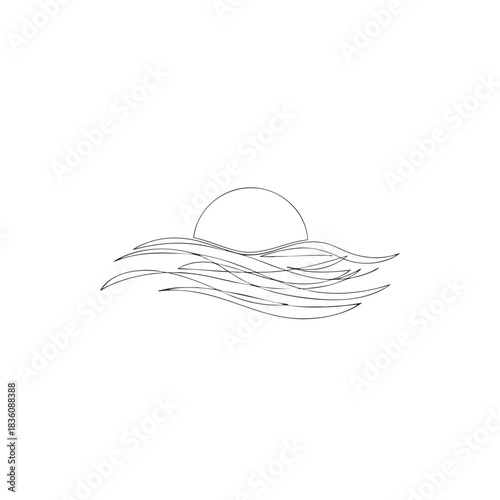 Abstract waves with a sun silhouette ocean water