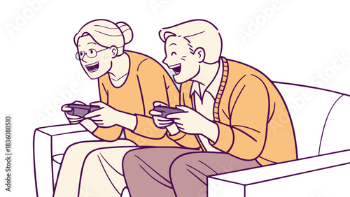 Happy Senior Couple Playing Video Games Together on Couch, A cartoon illustration of a cheerful senior couple sitting on a couch and playing video games together with controllers.